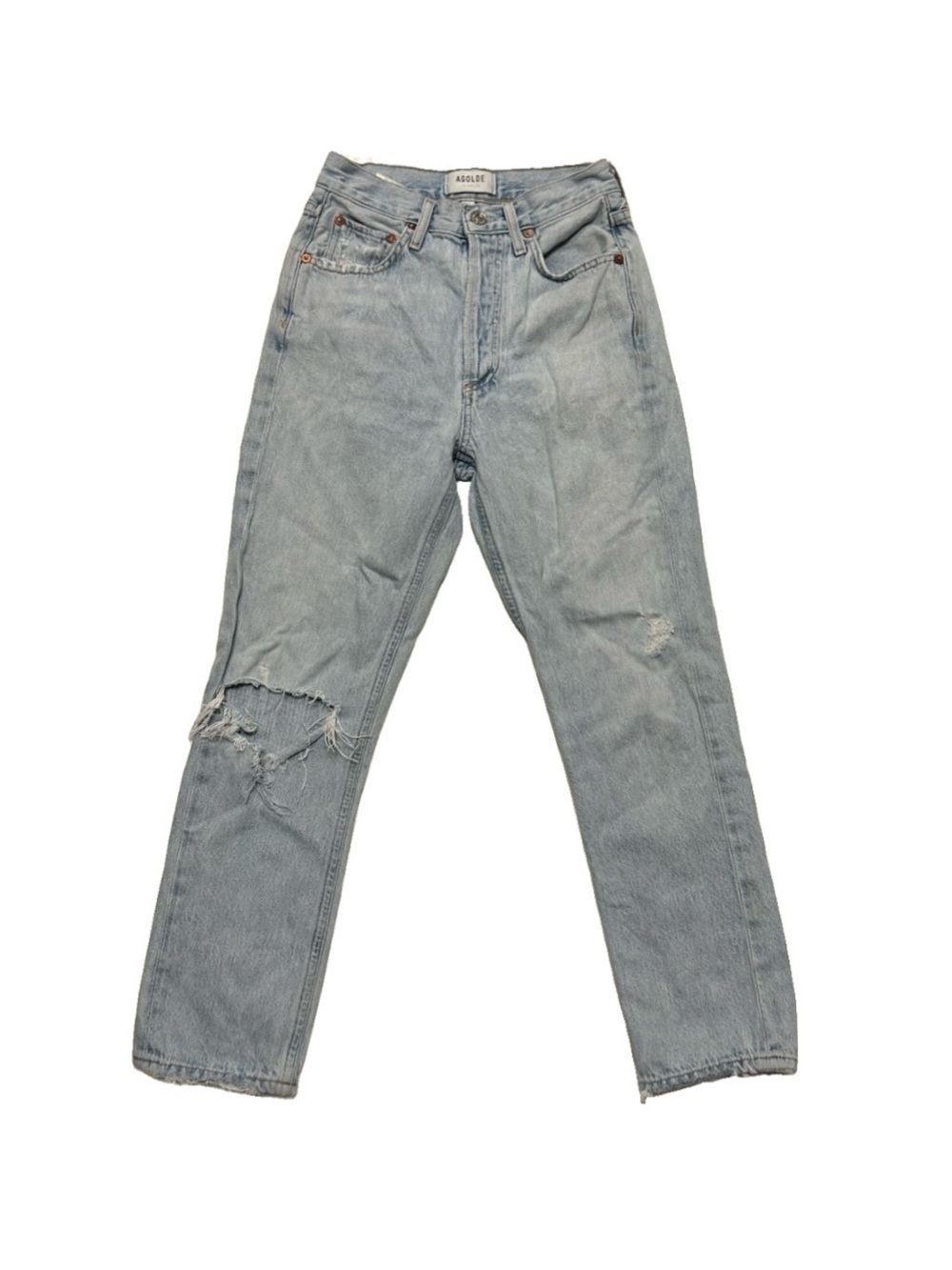 AGOLDE Women's Riley High Rise Straight Leg Crop Light Wash Distressed Jeans 23